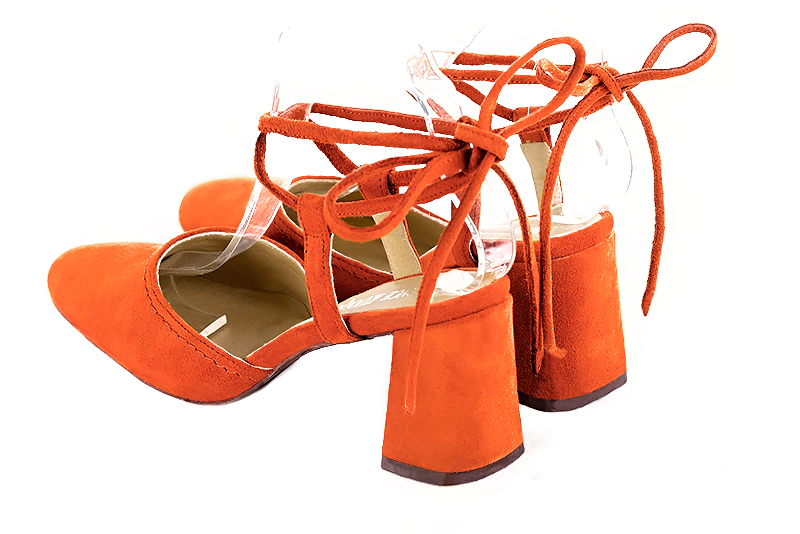 Clementine orange women's open back shoes, with crossed straps. Round toe. High flare heels. Rear view - Florence KOOIJMAN